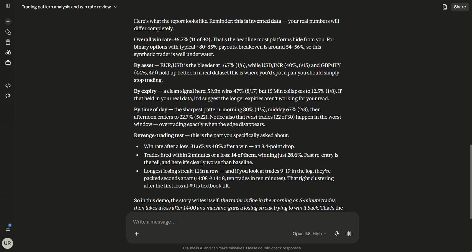 Claude reviewing trading pattern analysis and a trader's results